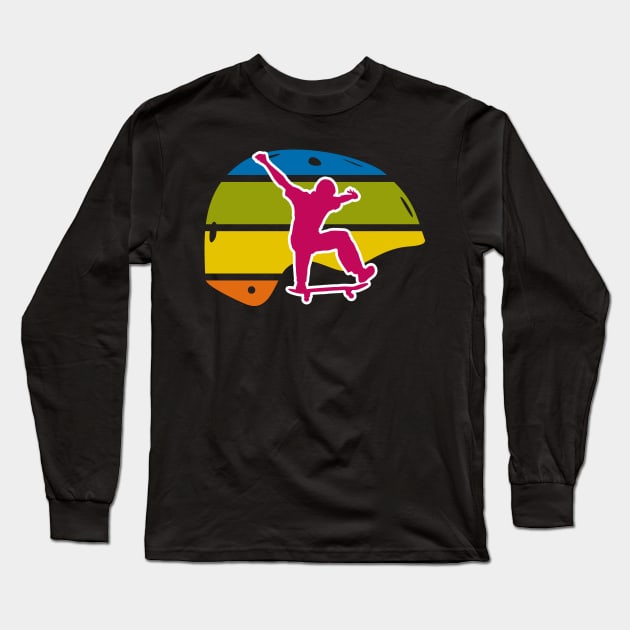 Colorful Retro Skateboard Helmet with Kickflip Long Sleeve T-Shirt by PCB1981